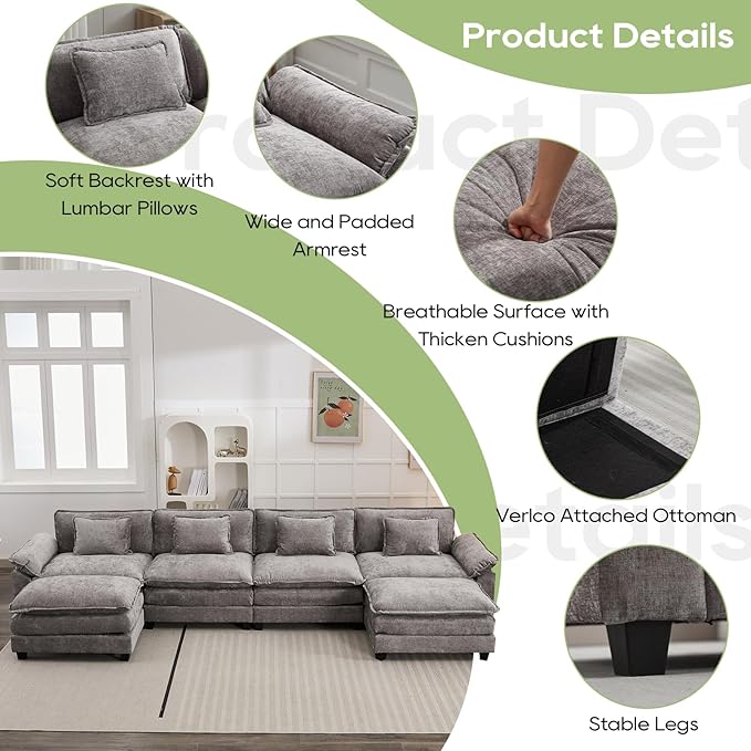 154" Modular Sectional Sofa, Comfy Cloud Couch Sectional Sofa with Ottoman, Chenille Sofa Sleeper Deep Seat Sofa with Throw Pillows for Living Room (Light Gray, 154"- U Shape)