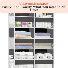 Over the Door Organizer 6 Tiers, Extra Large Behind Door Storage of 12 Compartments, 80 lbs Weight Capacity Hanging Storage Organizer with Clear Window Kids Toys, Shoes, Diapers, Room storage