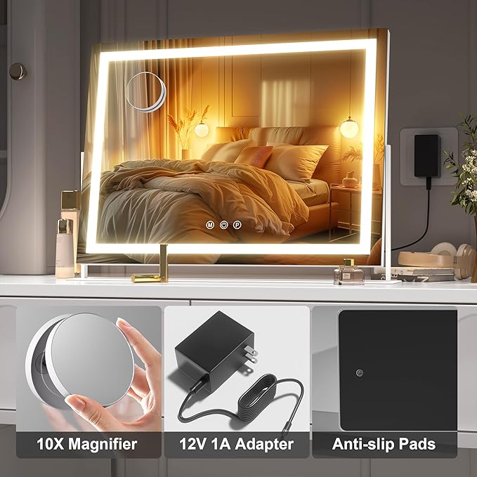 Hasipu Vanity Mirror with Lights, 13.8" x 10.6" LED Makeup Mirror, Light up Mirror with 10X Magnification, Smart Touch 3 Colors Dimmable, 360° Rotation (White)