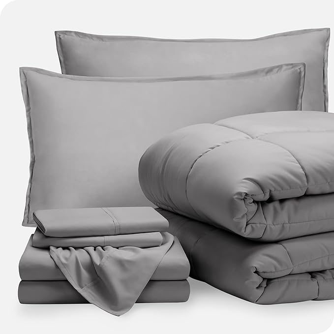 Bare Home Bed-in-A-Bag 7 Piece Comforter & Sheet Set - Queen - Goose Down Alternative - Ultra-Soft 1800 Premium - Bedding Set (Queen, Light Grey/Light Grey)