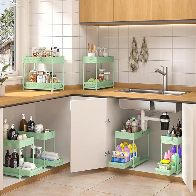 3 Pack Under Sink Organizers, 2-Tier Multi-Use Kitchen and Bathroom Organizers and Storage with Sliding Drawers，Bathroom Cabinet Organizer (Green, 14.8 Inch)