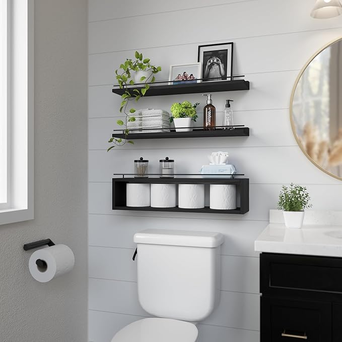 WOPITUES Floating Shelves for Wall 24 inch with Cube Shelf, Wall Shelves with Metal Rail for Decor, Bathroom Organizers and Storage, Over Toilet Shelves for Bathroom, Toilet Paper-Black