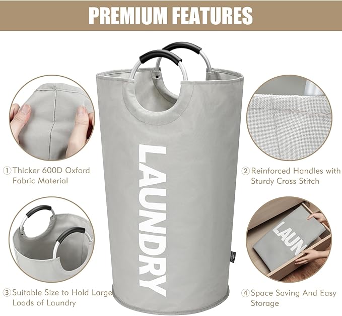 DOKEHOM 90L Large Laundry Basket, Collapsible Laundry Bag, Freestanding Tall Clothes Hamper, Foldable Washing Bin (Grey)