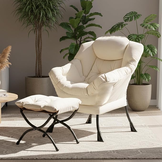 Tiita Lazy Chair with Ottoman, Modern Large Accent Lounge Armchair, Comfy Leisure Sofa Reading Chair with Footrest for Bedroom, Living Room, Dorm Rooms, Garden and Courtyard, Velvet Beige