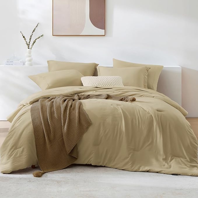 WRENSONGE Queen Comforter Set- 7 Pieces Soft Taupe Bed in a Bag Queen Size with Fitted Sheet, Flat Sheet, 2 Pillow Shams, and 2 Pillowcases- Khaki Bedding Sets for All Season