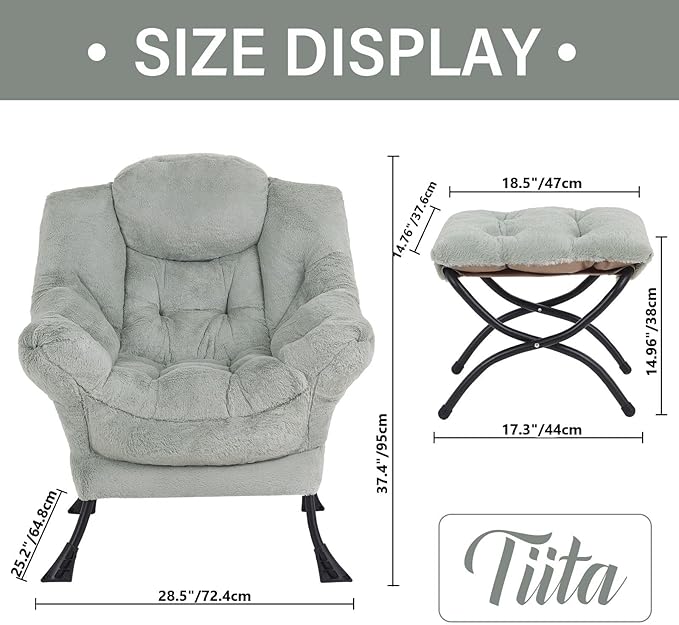 Tiita Lazy Chair with Ottoman, Modern Large Accent Lounge Armchair, Comfy Leisure Sofa Reading Chair with Footrest for Bedroom, Living Room, Dorm Rooms, Garden and Courtyard, Plush Green