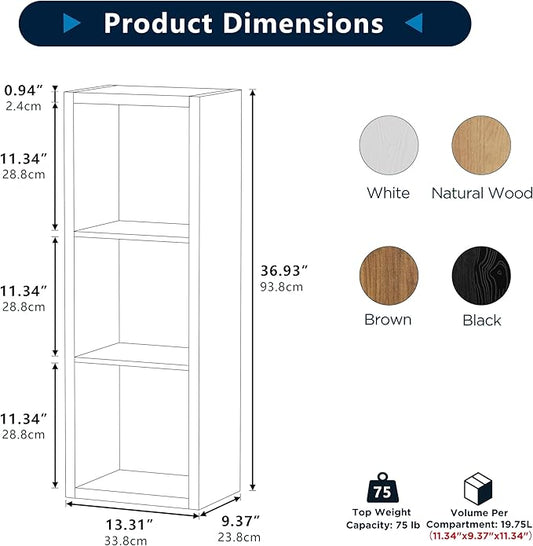 3 Cube Storage Organizer Single Row, Cube Shelf with Heavy-Duty Thick Boards, 13.31"L x 9.37"W x 36.93"H, Smooth Easy-Clean Panels, Simple Assembly, for Living Room Bedroom Office, Natural-Oak