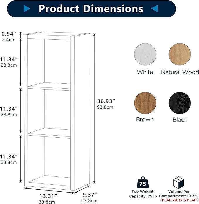 3 Cube Storage Organizer Single Row, Cube Shelf with Heavy-Duty Thick Boards, 13.31" L x 9.37" W x 36.93" H, Smooth Easy-Clean Panels, Simple Assembly, for Living Room Bedroom Office, Black