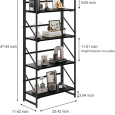 JSB No Assembly Folding Bookshelf, 4 Tier Industrial Metal Book Shelf for Storage, Vintage Wood Foldable Bookcase for Living Room, Bedroom, Office Organization Shelves