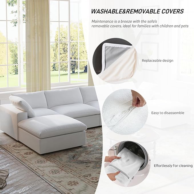 Cloud Modular Sectional Sofa Couch,Oversized U Shaped Couch 6 Seater for Living Room,160.6" Down Filled Convertible Couches with Storage Ottoman, Covers Washable&Replaceable,White