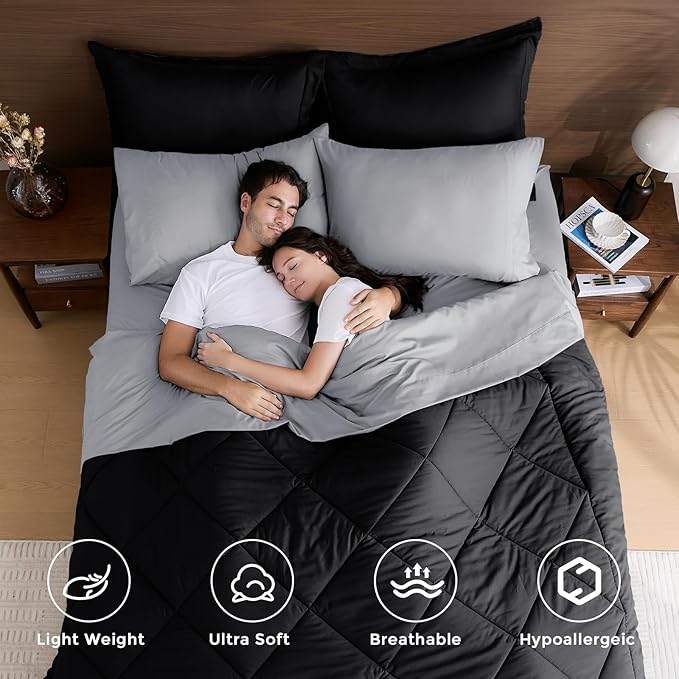 HEVUMYI King Comforter Set - 7-Piece All Season Bed in a Bag King, Ultra Soft Bedding Set with Comforter, Flat Sheet, Fitted Sheet, Pillowcases, Pillow Shams, Black & Light Grey