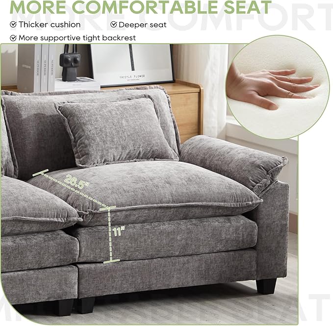 Modular Sectional Sofa, Comfy Cloud Couch Sectional Sofa, Chenille Sofa Sleeper Deep Seat Sofa with Throw Pillows for Living Room (Light Gray, 53"- Single Seat)
