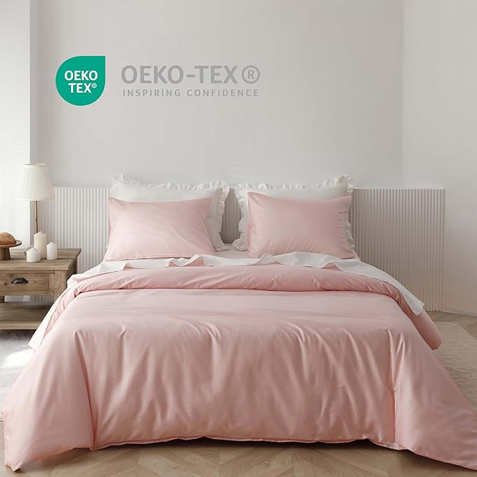 HeimenAogo Egyptian Cotton Duvet Cover Full Sateen Weave, Silky Soft and Breathable Bedding Set with Zipper Closure, Long Staple Cotton Bed Linen Cherry Blossoms Pink 3Pcs (80"×90")