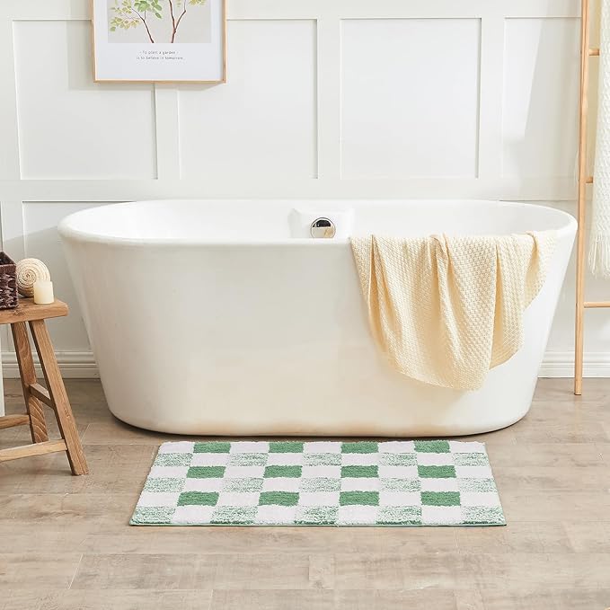 CozeCube Bath mats for Bathroom Non Slip, Fluffy Absorbent Microfiber Bath mat Washable, Aesthetic Bathroom Rugs, Large Sage Green Checkered Bath mat, Sage Green, 36" x 24"