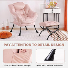 Tiita Lazy Chair with Ottoman, Modern Large Accent Lounge Armchair, Comfy Leisure Sofa Reading Chair with Footrest for Bedroom, Living Room, Dorm Rooms, Garden and Courtyard, Velvet Pink