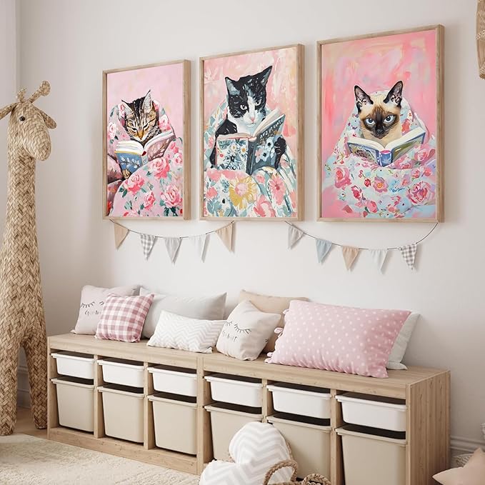 Cute Cat Reading Poster Set of 6 Funny Black Cat Book Lover Canvas Wall Art, Whimsical Animal Wall Decor Painting Prints Aesthetic for Nursery Kids Boby Room Bedroom Unframed 8x10 inch