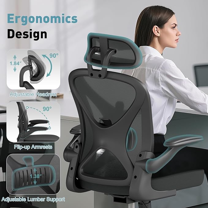 ZZH Ergonomic Office Chair Set of 4 with Adjustable Lumbar Support and Headrest, Mesh Home Office Desk Chair with Wheels and Flip-up Arms, Black