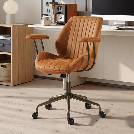 Home Office Desk Chair, Mid-Century Modern Office Chair with Adjustable Lumbar Support, Adjustable Height Executive Task Chair with 360 Rolling Swivel for Meeting Study Room(Mid Back, Brown)