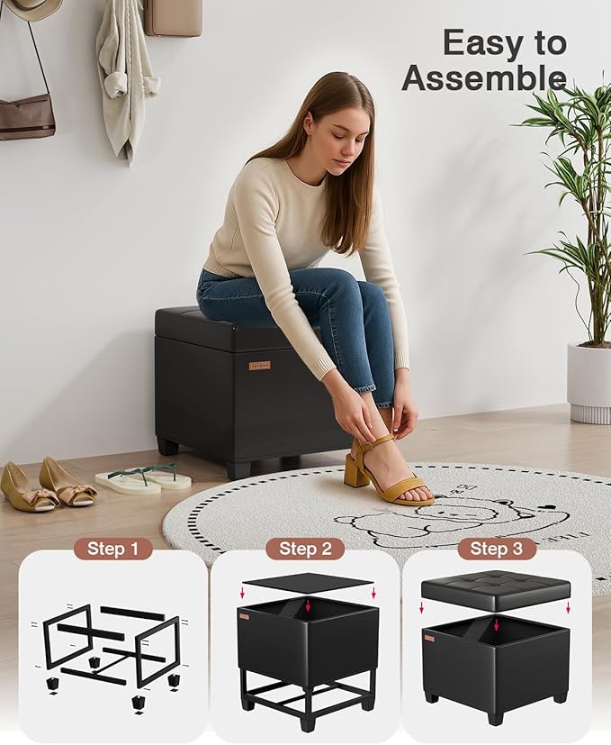 17.7 inches Synthetic Leather turfed Ottomans Cube with Storage, Metal-Framed Square Storage Ottoman Foot Rest Stool Holds 770 LB for Dorm Living Room Bedroom Black UASND63B