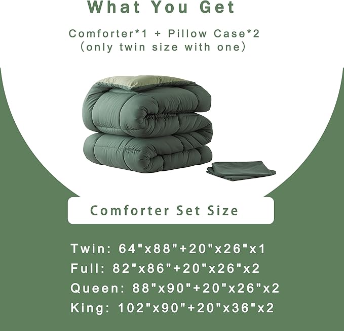 DOWNCOOL King Size Comforter Set -All Season Bedding Comforters Sets with 2 Pillow Cases -3 Pieces Bed Set Down Alternative King Bedding Set -Double Green King Comforter Set(102"x90")