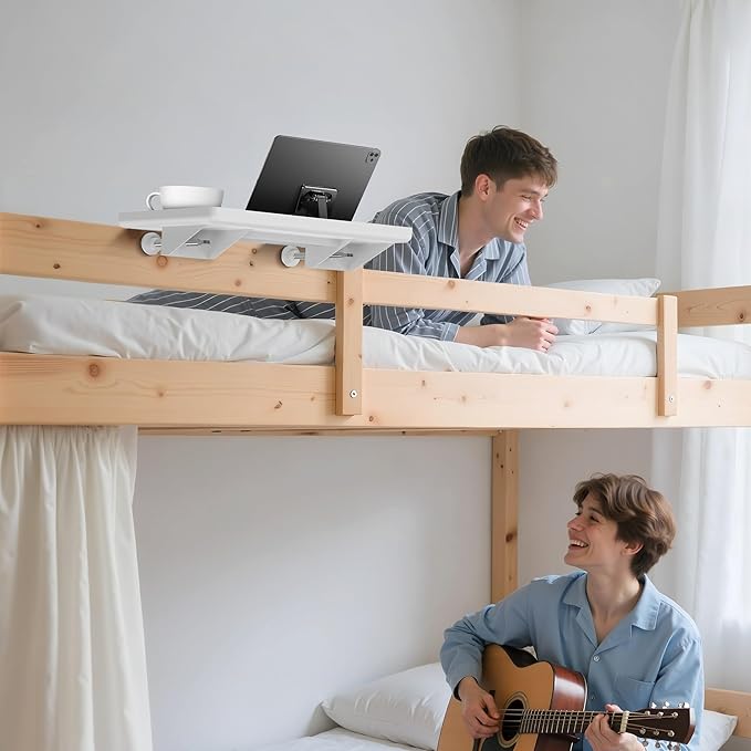 Bedside Shelf for Dorm Bunk Bed, Clip On Nightstand, Bed Side Table Tray Organizer, College Dorm Room Essentials for Girls/Guys, with Cable Management for Dormitory, Back to School (White)