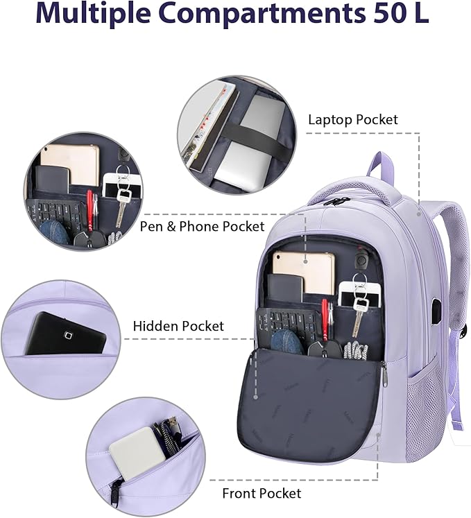 MATEIN Extra Large Laptop Backpack for Women, 50 L TSA Carry On with Multiple Organized Pockets, Anti Theft Water Resistant Travel Laptop Backpack Fits 18.4 In Computer, Light Purple