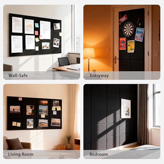 12 Pack Cork Boards for Walls, 48" x 24" Large Felt Wall Tiles, Black Bulletin Board Paper with Safe Removable Adhesive Tabs, Pin Corkboard for Office Home Decor