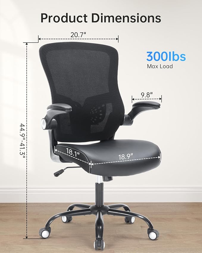 Office Chair Ergonomic Desk Chair Swivel Mid Back Mesh Computer Chair with Lumbar Support Comfy PU Leather Seat Adjustable Height Flip-up Arms Executive Task Chair,Black