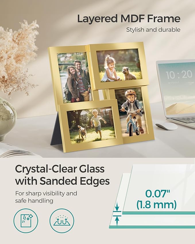 SONGMICS 4x6 Collage Picture Frames, Family Photo Collage Frame Set of 4 for Wall Decor, Glass Front, Wall Hanging or Tabletop, Pale Gold URPF025A01