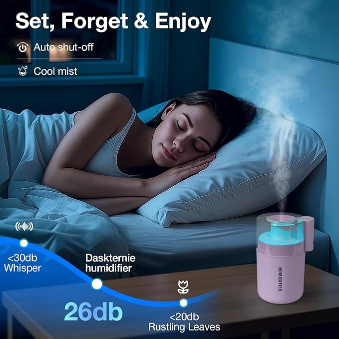 Portable Mini Humidifier, 180ml USB Cool Mist Small Humidifiers for Bedroom, Personal Desktop Humidification for Car Office Travel & Indoor Plants(Pink)