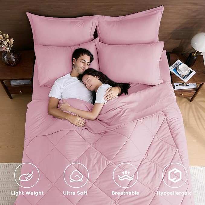 HEVUMYI Pink Twin Comforter Set - 5-Piece All Season Bed in a Bag Twin, Ultra Soft Bedding Set with Comforter, Flat Sheet, Fitted Sheet, Pillowcases, Pillow Shams, Pink