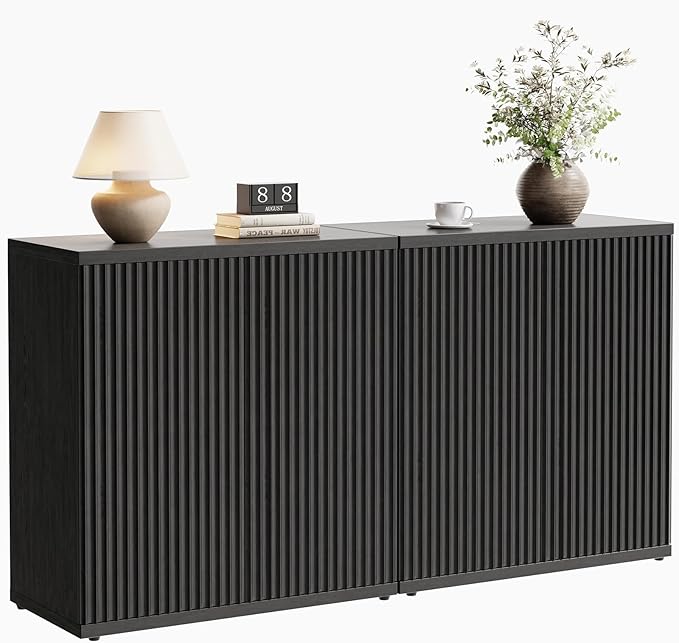 Fluted Buffet Cabinet Sideboard with Storage,Wooden Credenza with 2 Doors&Adjustable Shelve, Modern Accent Cabinets Coffee Bar Bookcase for Living Room,Kitchen Dining Room Entryway 15"D Black