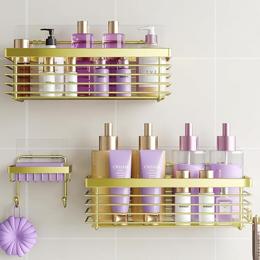 ODesign Shower Caddy 3 Pack SUS304 Stainless Steel-No Drilling-Shower Bathroom Shelves Rack,Rustproof Wall Mounted,Adhesive Shower Shelf Basket Organizer-Golden