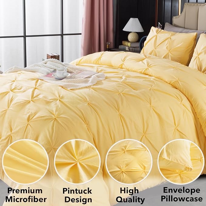 Andency Yellow Pinch Pleat Comforter Queen(90x90Inch), 3 Pieces(1 Pintuck Comforter and 2 Pillowcases) Pintuck Comforter Set, Microfiber All Season Down Alternative Bedding Set