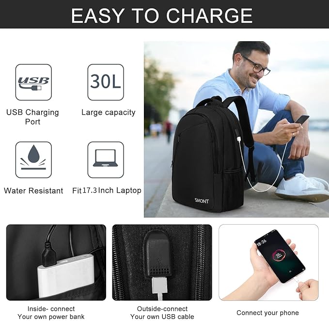 SMONT Large Laptop Backpack for Men, 17" Mens Business Bookbag for Computer Office Tech Commuter Work Black