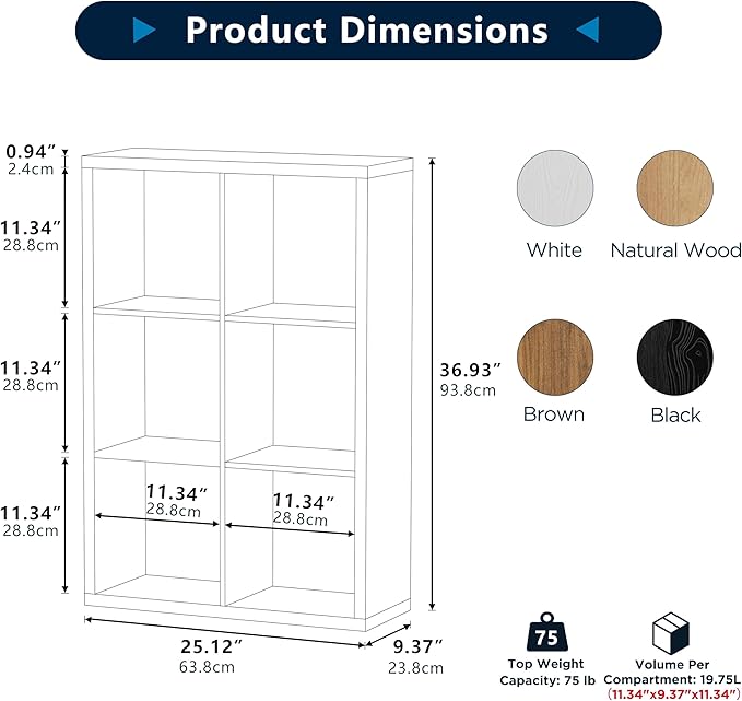 6 Cube Storage Organizer, 2x3 Cube Bookshelf, Cubby Storage Shelf, Wooden Organizer Shelf with Thickened Boards, for Closet Bedroom Home Office Living Room, 36.93" L x 9.37" W x 25.12" H, Natural-Oak