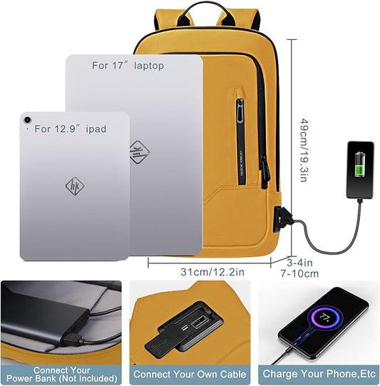 hk Backpack for Men Business Slim Backpack with USB Charger Computer Lightweight Anti-theft Travel (Yellow, 17.3 Inch)
