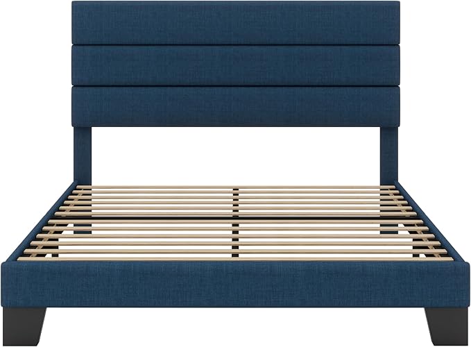SHA CERLIN Full Platform Bed Frame with Upholstered Fabric Headboard, Mattress Foundation with Strong Wooden Slats Support, No Box Spring Needed, Blue