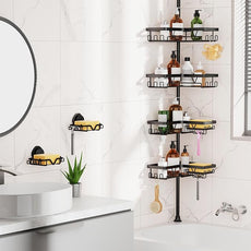 KEGII Shower Caddy Corner Tension Pole with 2 Suction Cup Soap Dishes, Rustproof 4-Tier Adjustable Bathroom Organizer, No-Drill Shower Storage Rack for, Fits 25–114.2 Inch, Black