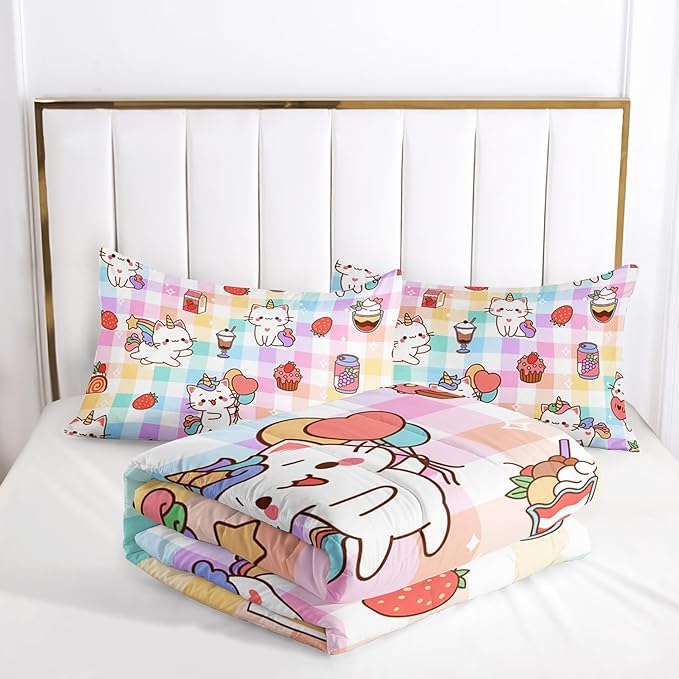 CVHOUSE Cartoon Cat Comforter Queen Set,Rainbow Cat Girls Queen Bedding Set for Kids Teens,Cat Unicorn Quilt Set 3Pcs Cat Bed Set Cat Duvet Set Kitty Room Decor All Season