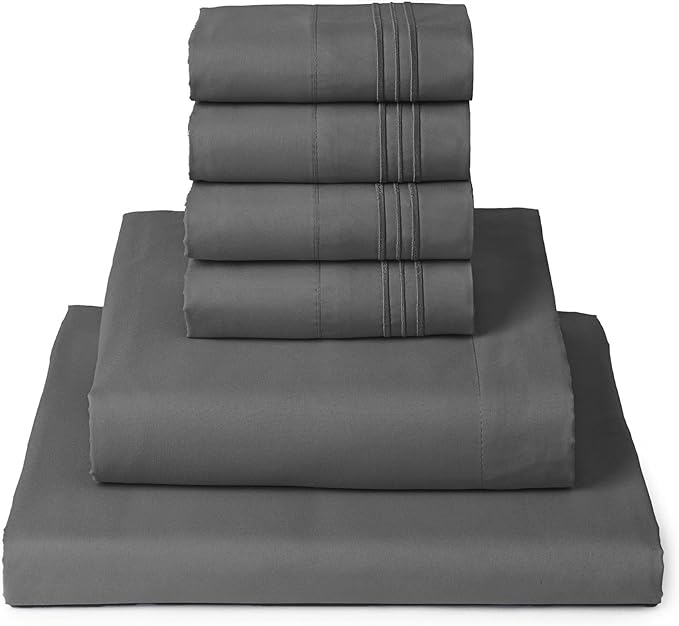 Mellanni Full Sheet Set - 6-Piece Iconic Collection Bedding, (Including 4 Pillowcases), 16-Inch Deep Pocket, Easy Care, Extra Soft, Cooling Sheets, Brushed Microfiber - Gray