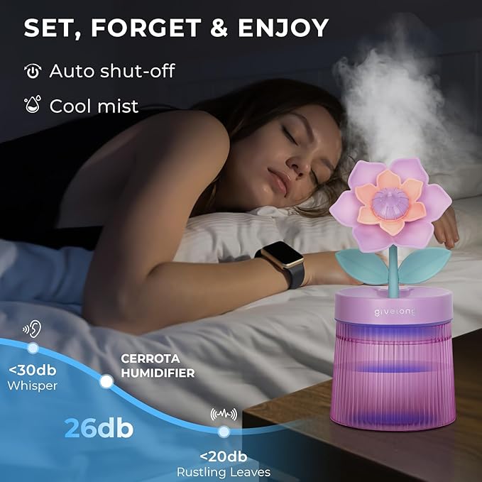 Cute Flower Mini Humidifier, 260ml Gardenia Desktop Humidifiers for Bedroom, Portable Small Cool Mist Humidification for Home, Baby Nursery, Office & Indoor Plants, USB Powered (Purple)