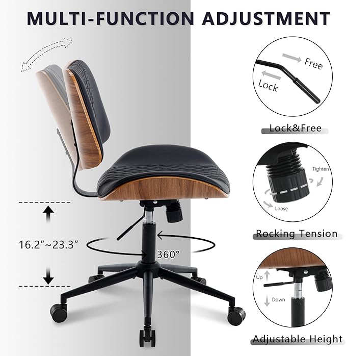 Home Office Chair No Arms with Wheels, Adjustable Height Small Desk Chair, PU Leather Mid Back 360 Swivel Computer Chair, Armless Modern Walnut Chair for Office, Reading Meeting Room(Black)