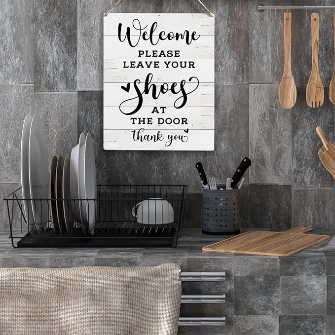 Front Door Welcome Sign, Please Remove Your Shoes Signs, No Shoes Sign for Home, Wooden Hanging Plaque 10 x 8 Inch, For Home Porch Entrance Decoration