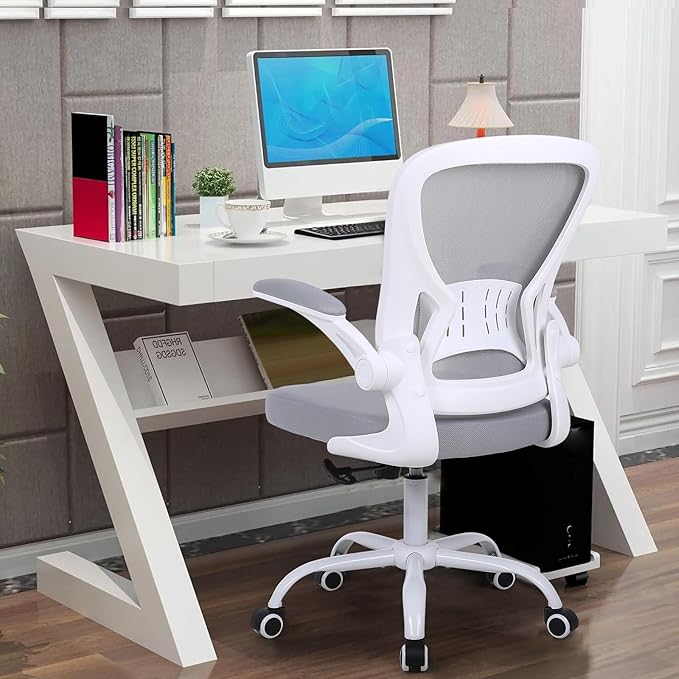 Youhauchair Mesh Office Chair, Ergonomic Home Office Desk Chairs with Flip-up Arms and Lumbar Support, Height Adjustable, Grey