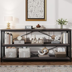 HSH Long Bookcase, Wood Metal Large Low Horizontal Book Shelf for Bedroom, Modern Open 3 Tier Etagere Bookshelf with Storage, Under Window Bookshelves for Home Office Living Room, Dark Gray, 70 Inch