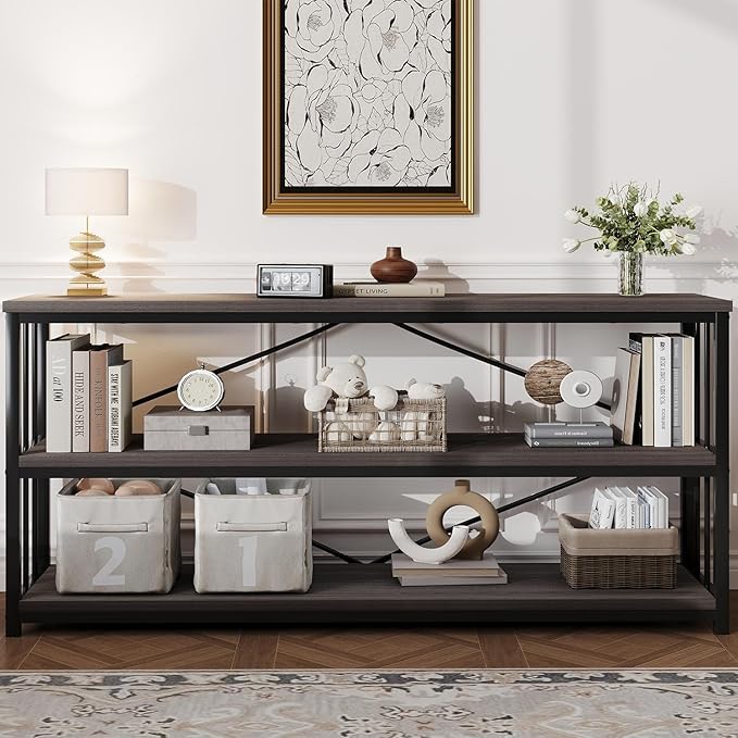 HSH Long Bookcase, Wood Metal Large Low Horizontal Book Shelf for Bedroom, Modern Open 3 Tier Etagere Bookshelf with Storage, Under Window Bookshelves for Home Office Living Room, Dark Gray, 70 Inch