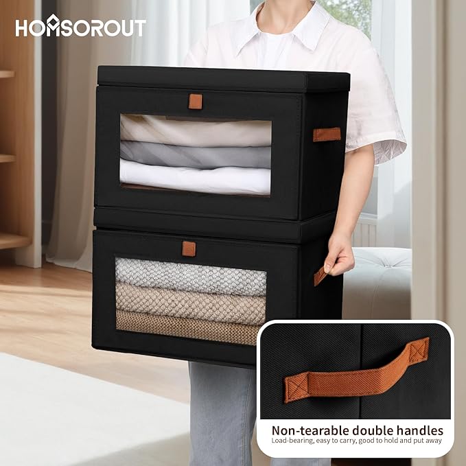 Collapsible Storage Bins - Large Stackable Organizer Bins, Decorative Boxes with Handles & Window, Fabric Containers for Living Room, Closet, Dorm, 4 Pack, Black