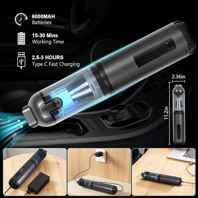 Car Vacuum Portable Cordless, 17000Pa 2 in 1 Vacuum Cleaner&Air Duster, 100W Brushless Motor Handheld Vacuum Cordless with 6000mAh Battery, Multi-Nozzles for Car, Home, Office, Pet