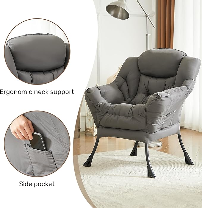 HollyHOME Lazy Chair with Armrest and Side Pocket, Comfy Accent Lounge Chair,Leisure Sofa Armchair for Living Room, Bedroom, Dorm, or Small Spaces, Oversized Reading Sofa Chair,Dark Grey